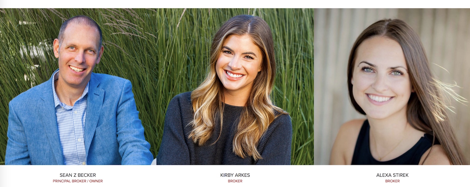 Three photos side by side. From left to right: Sean Z. Becker, Kirby Arkes and Alexa Stirek. Together, they are the team at Sean Z Becker Real Estate