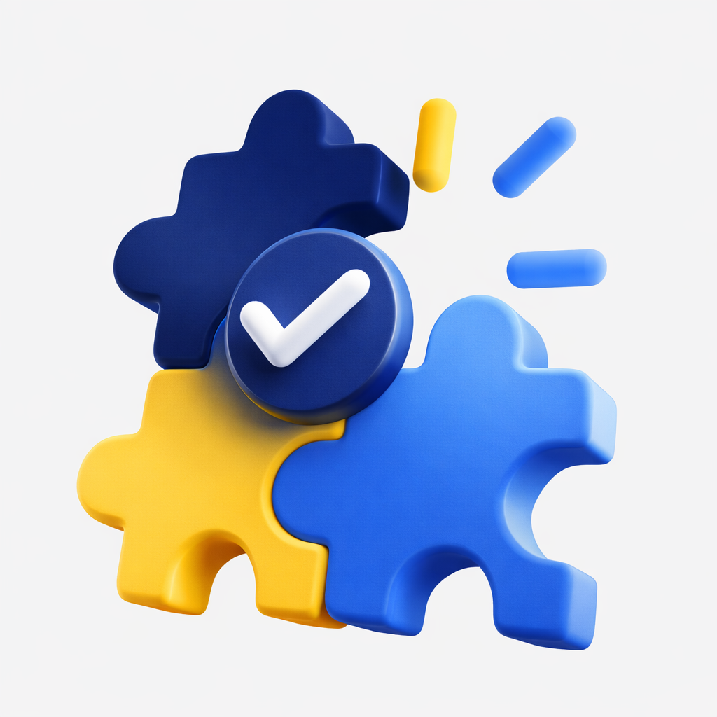 Three colorful puzzle pieces in blue and yellow with a checkmark icon above them.