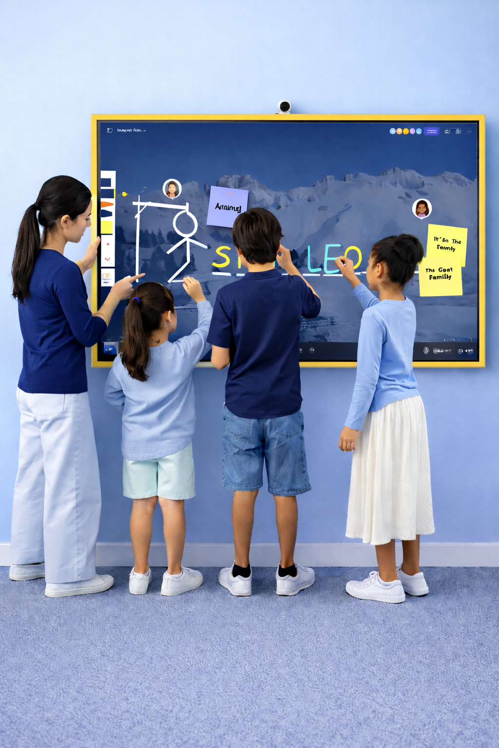 Children and teacher playing hangman on a digital board in a classroom with mountain background.