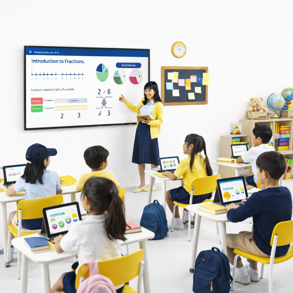 Teacher explaining fractions on a smartboard to elementary students using tablets in a bright classroom.