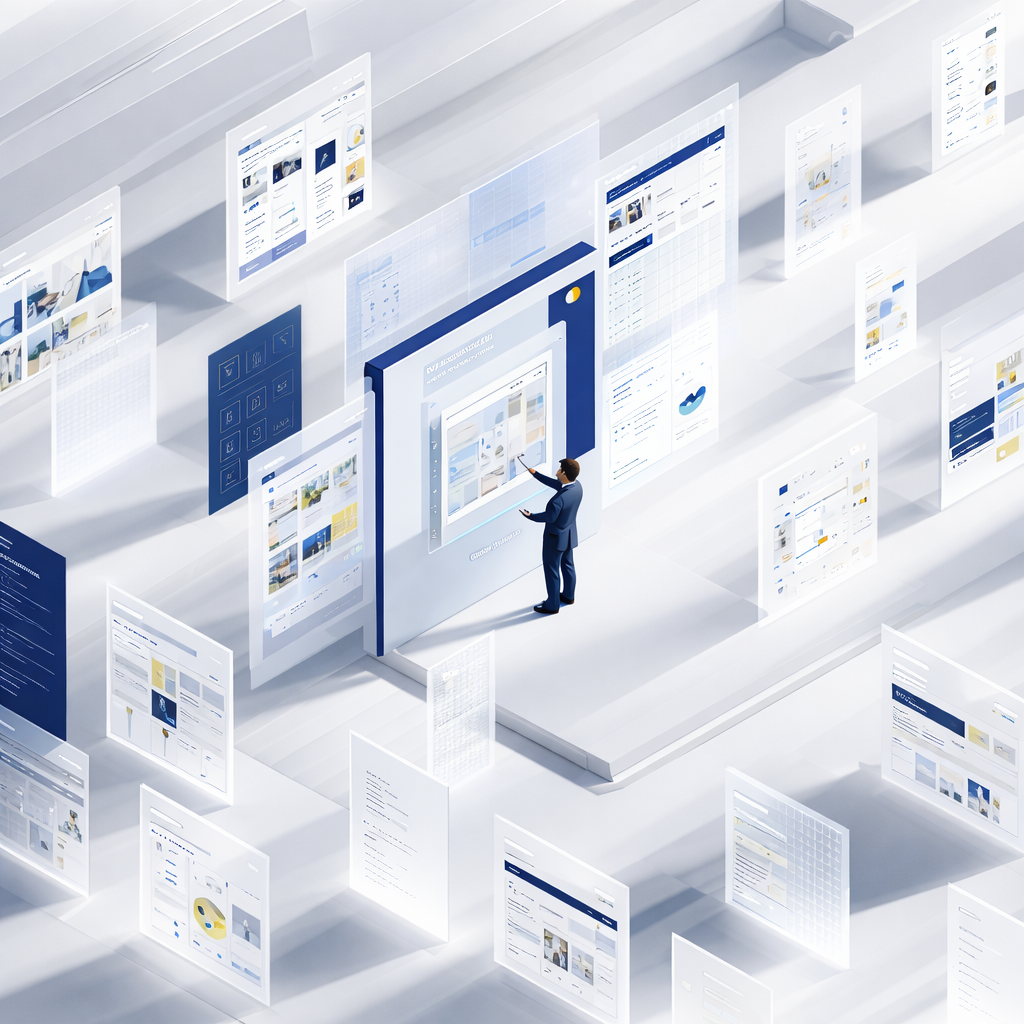 Man interacting with large virtual interface surrounded by multiple translucent digital screens in a futuristic setting.