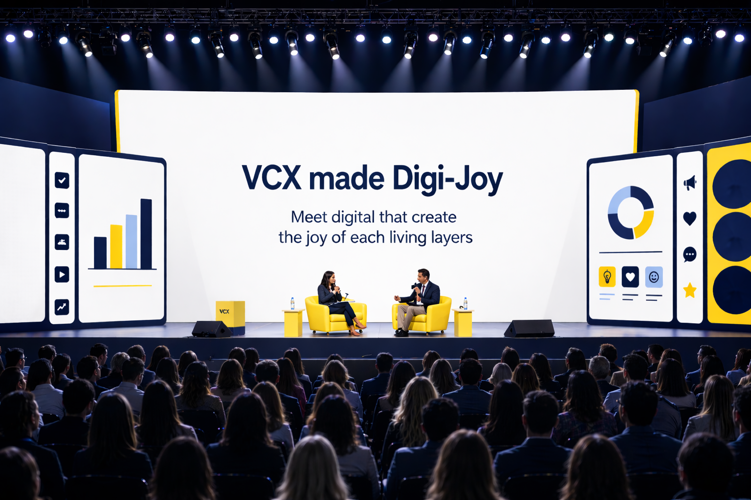 Two people on yellow chairs discussing on a stage with charts and text about VCX and Digi-Joy in front of an audience.