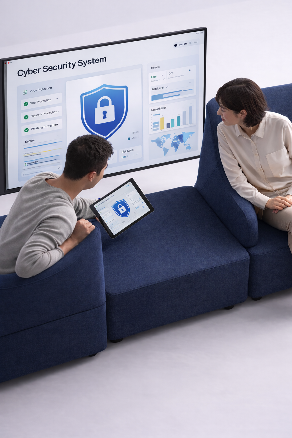 Two people sitting on a blue couch reviewing cyber security system data on a tablet and large screen.