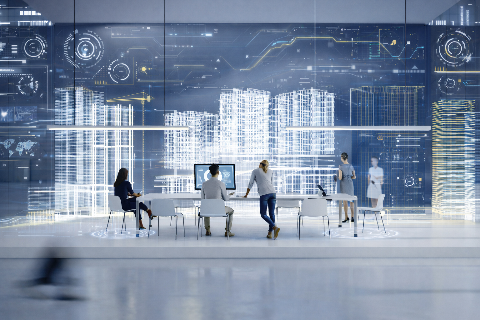People in a futuristic office analyzing digital blueprints of city buildings on a large screen.