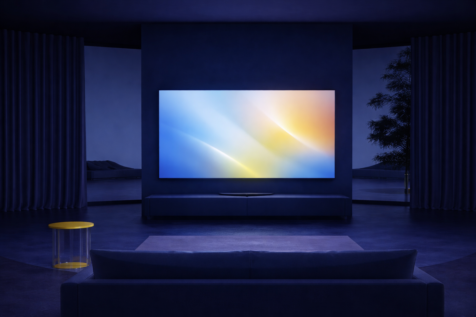 Modern dark living room with large wall-mounted TV showing soft blue, yellow, and orange gradient.