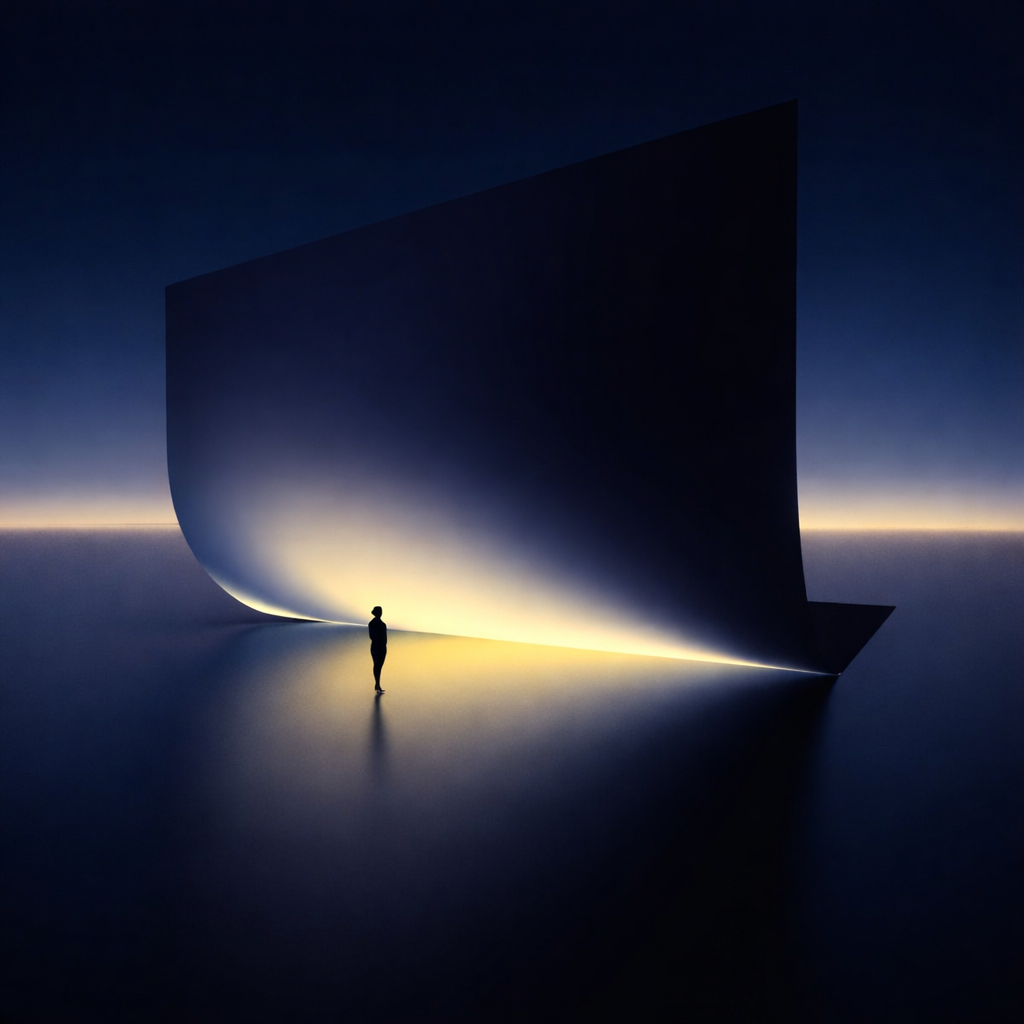 Silhouette of person standing before a massive curved dark structure glowing softly at its base.