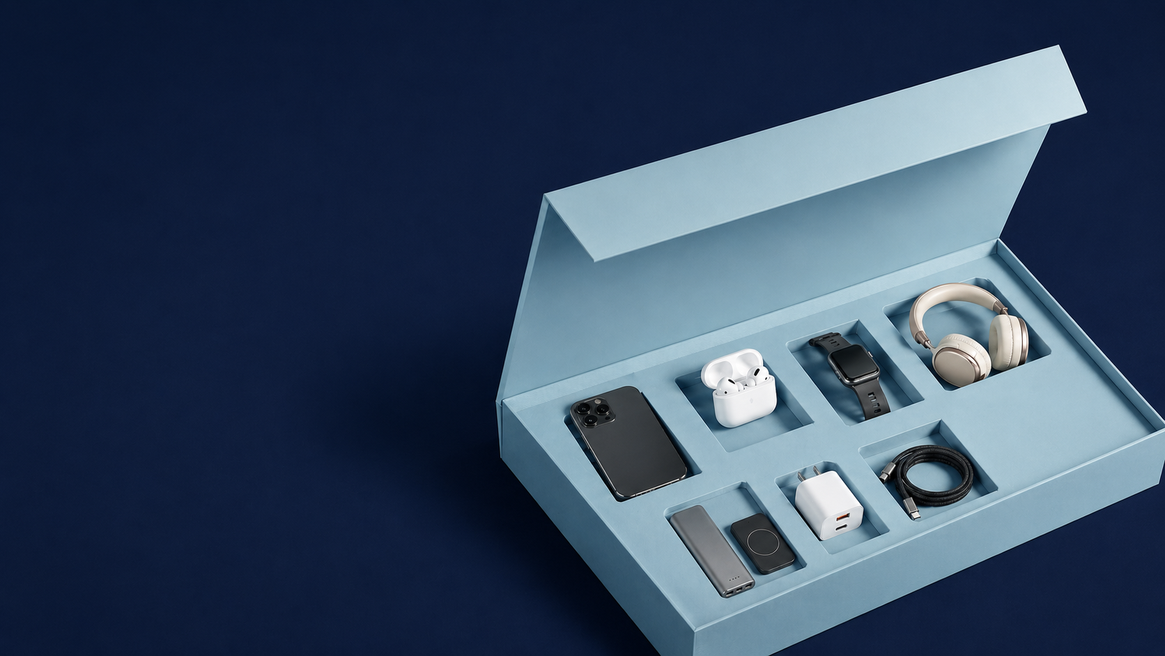 Open light blue gift box with black smartphone, earbuds, smartwatch, headphones, power bank, charger, and cable.