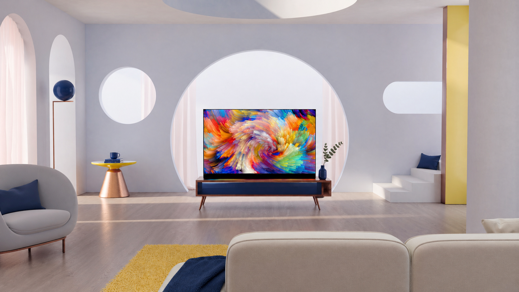 Modern living room with curved sofa, colorful TV screen, yellow rug, and geometric decor accents.