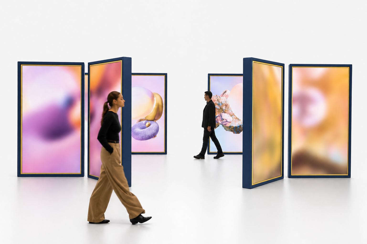 Two people walking through an art gallery with large colorful abstract digital displays in blue frames.