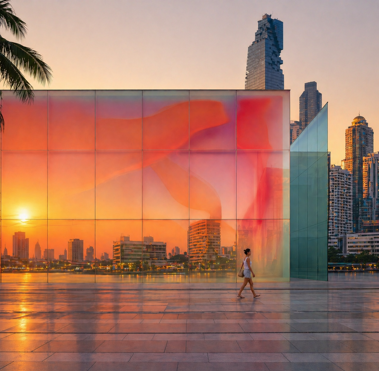Woman walking by glass building reflecting city skyline and sunset with orange and pink hues.