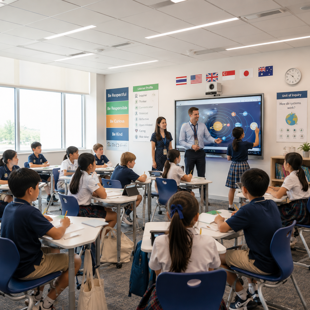 Classroom with students watching a teacher and a student presenting a solar system diagram.