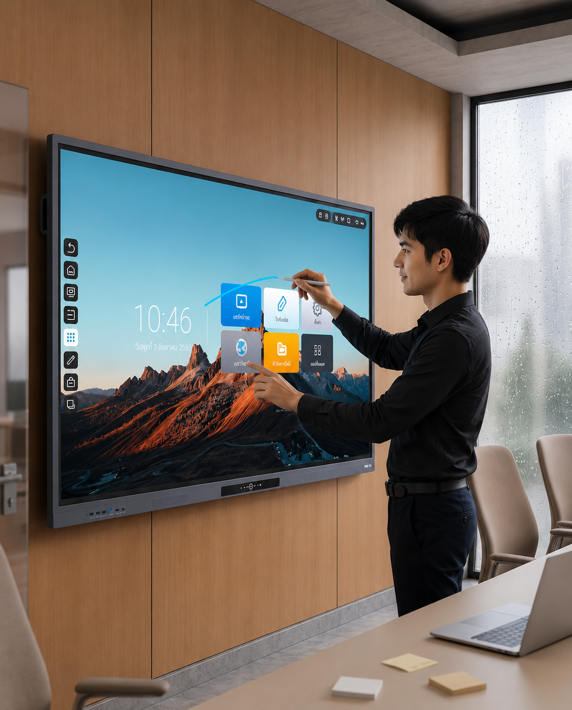 Man interacting with a large touch screen in a modern office conference room.