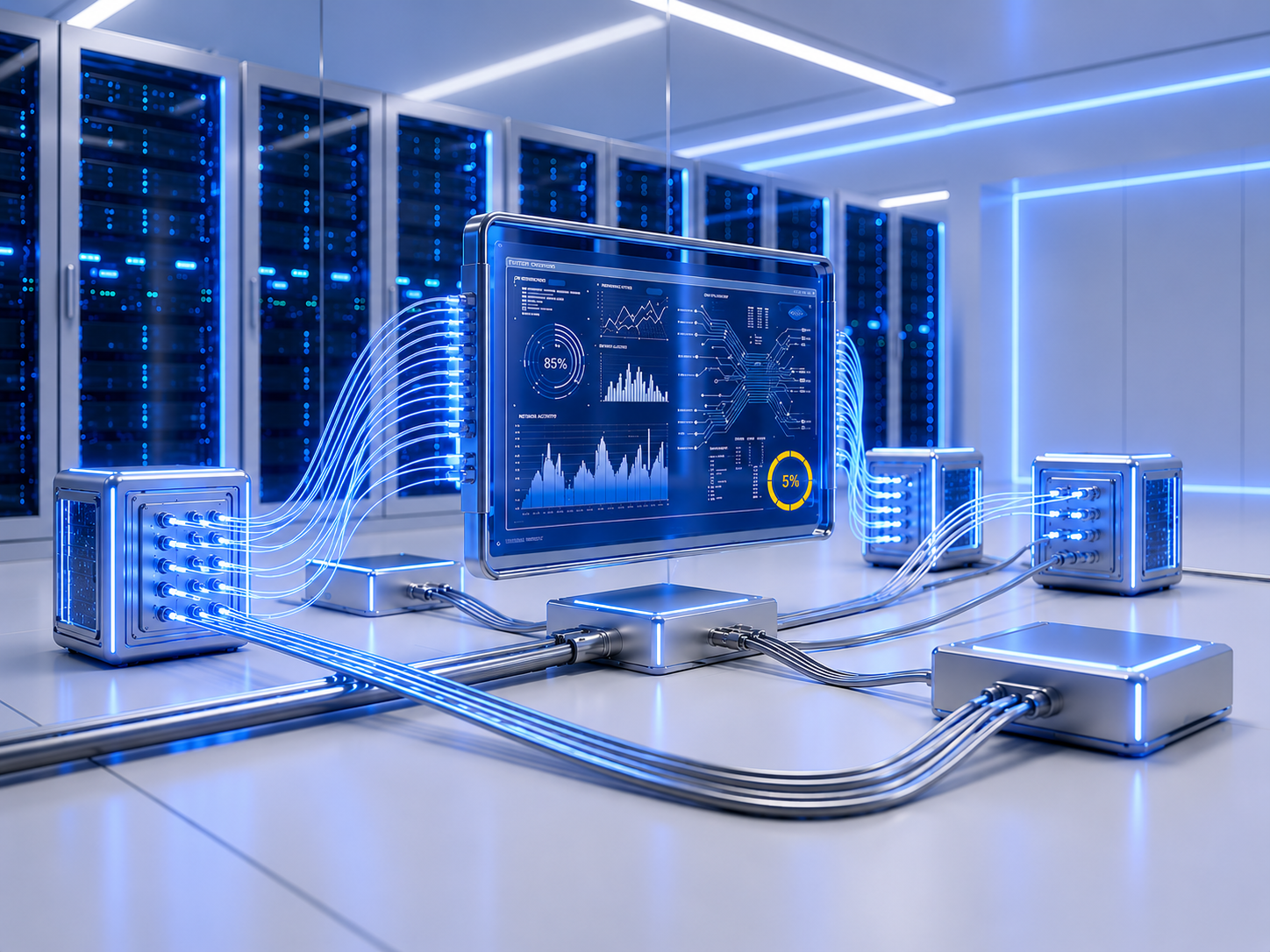 Futuristic data center with screen showing graphs linked to glowing network nodes by blue light cables.