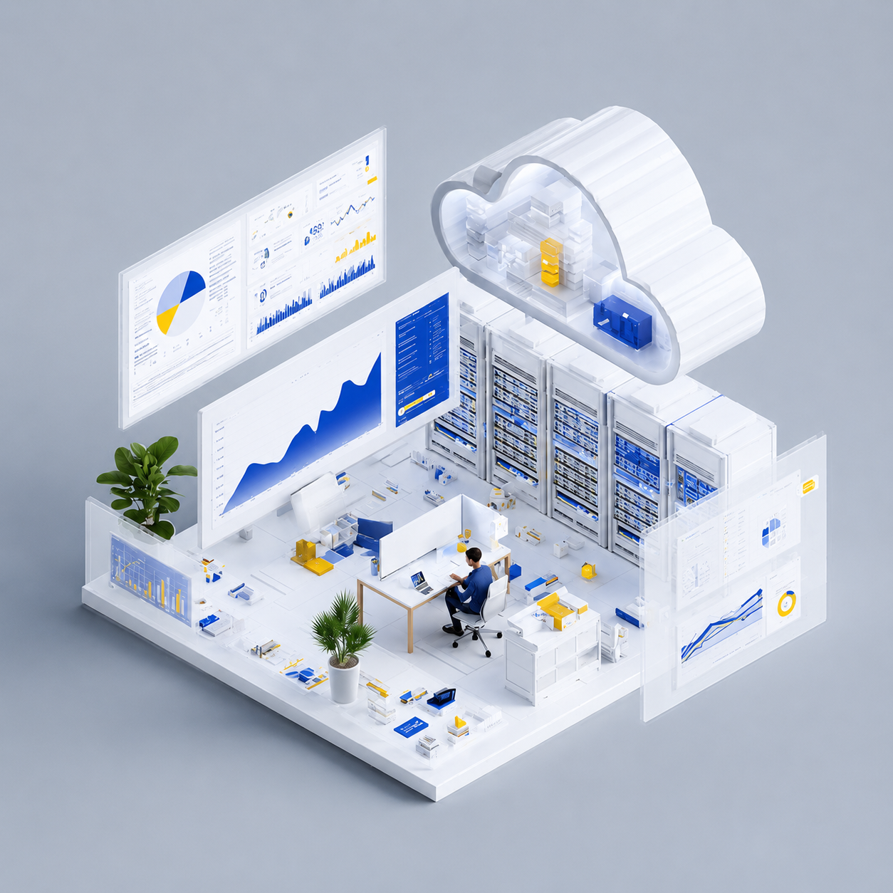 Person at desk with multiple floating data charts and cloud storage above server racks.
