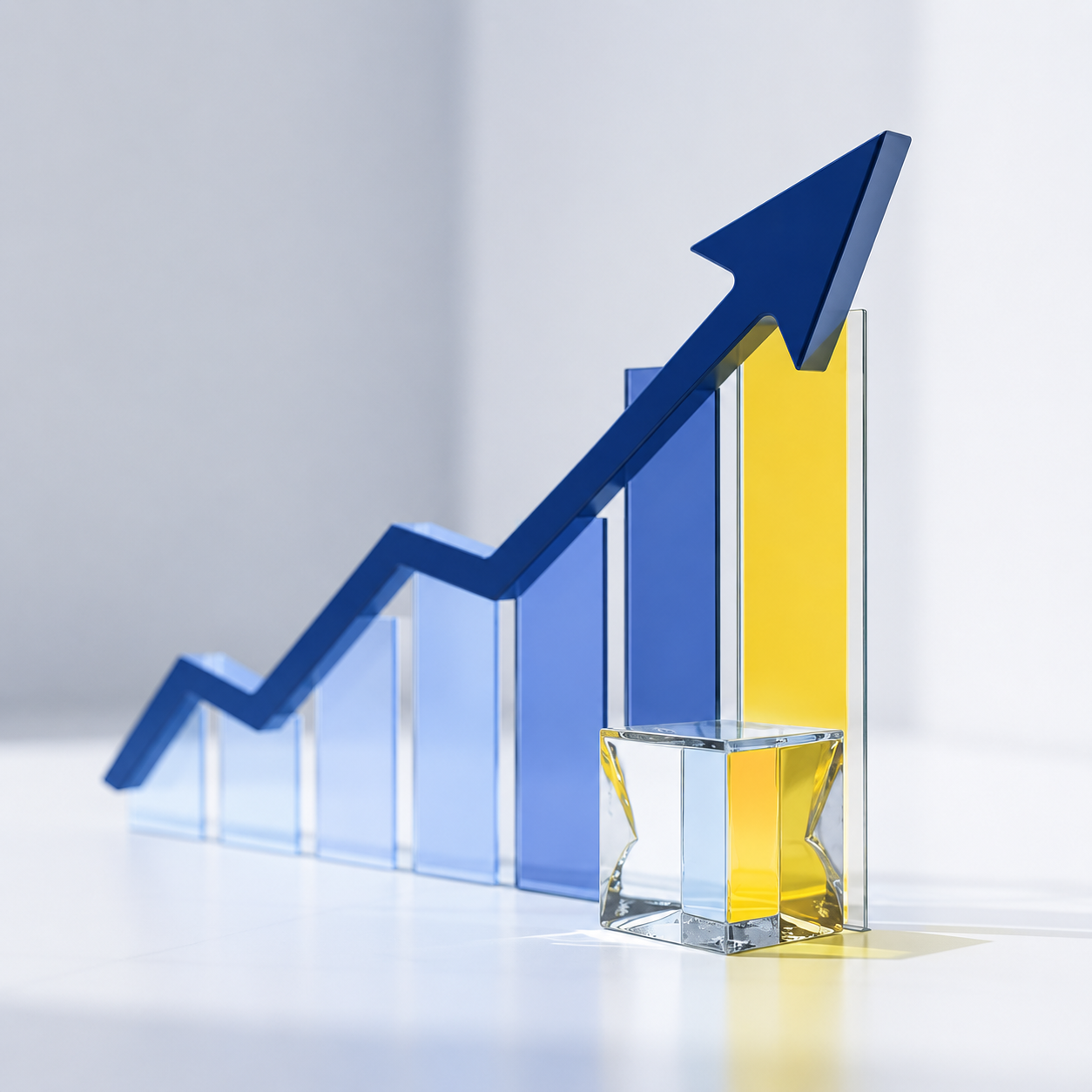 Transparent blue and yellow bar chart with an upward trending blue arrow.