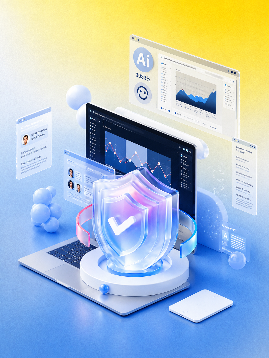 Laptop with transparent shield and checkmark, surrounded by floating charts and AI assistant UI elements.