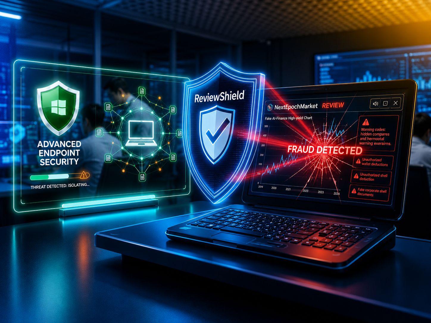 Laptop showing fraud detected alert with cybersecurity shields and threat isolation on holographic display.