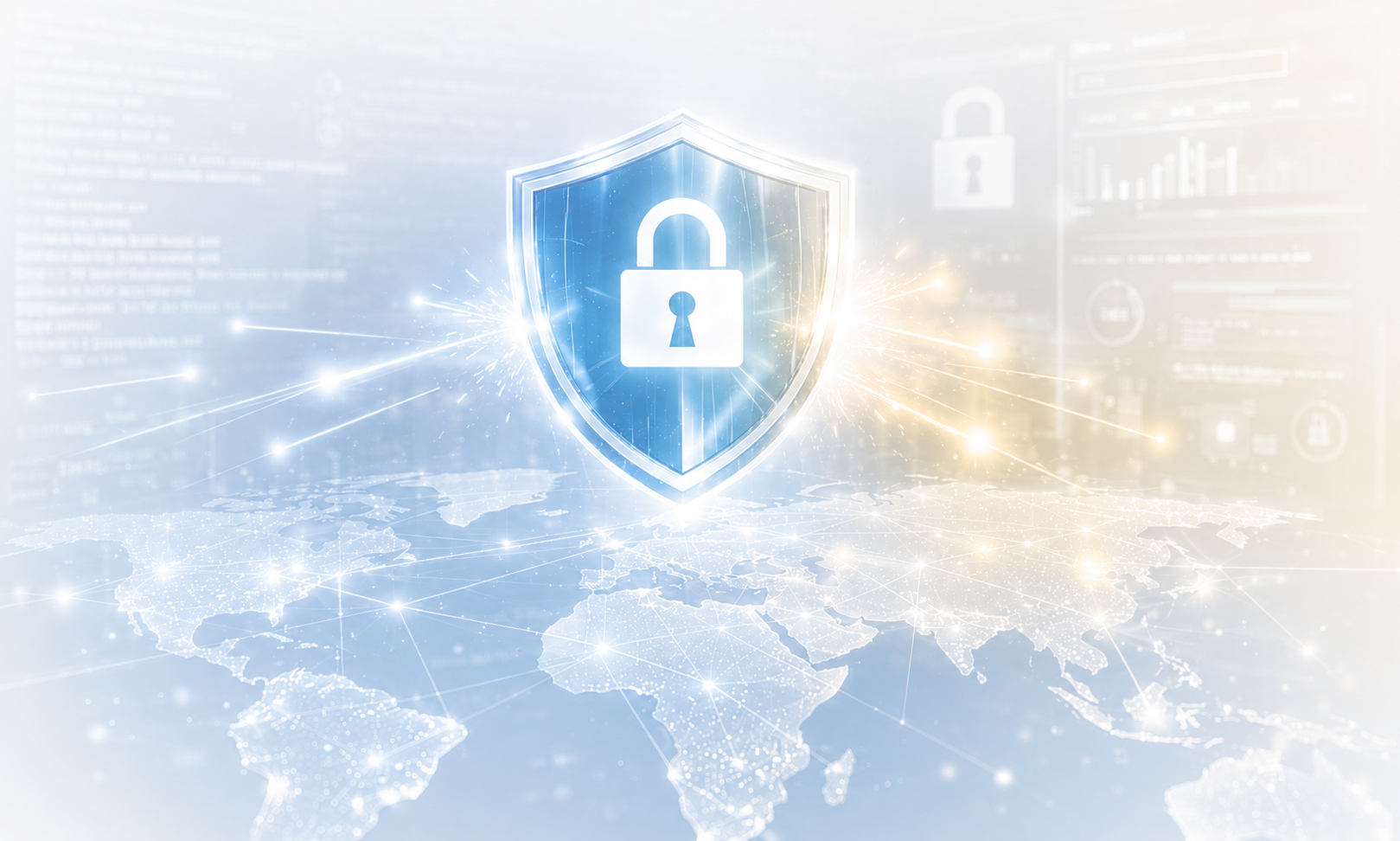 Blue shield with a white padlock over a glowing connected world map backdrop representing cybersecurity.