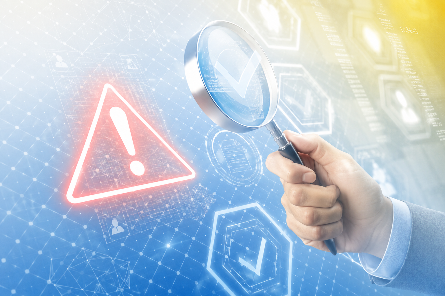 Hand holding magnifying glass focusing on blue checkmark with red warning icon nearby on digital interface.