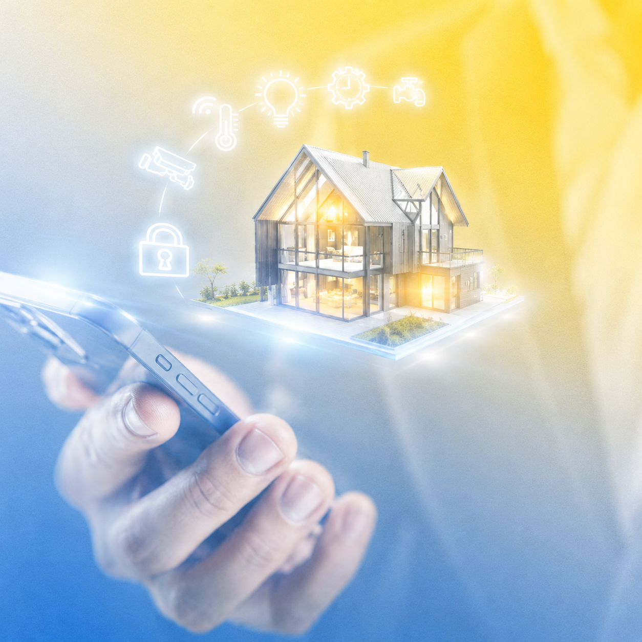 Hand holding smartphone with glowing smart home icons surrounding a modern glass house.