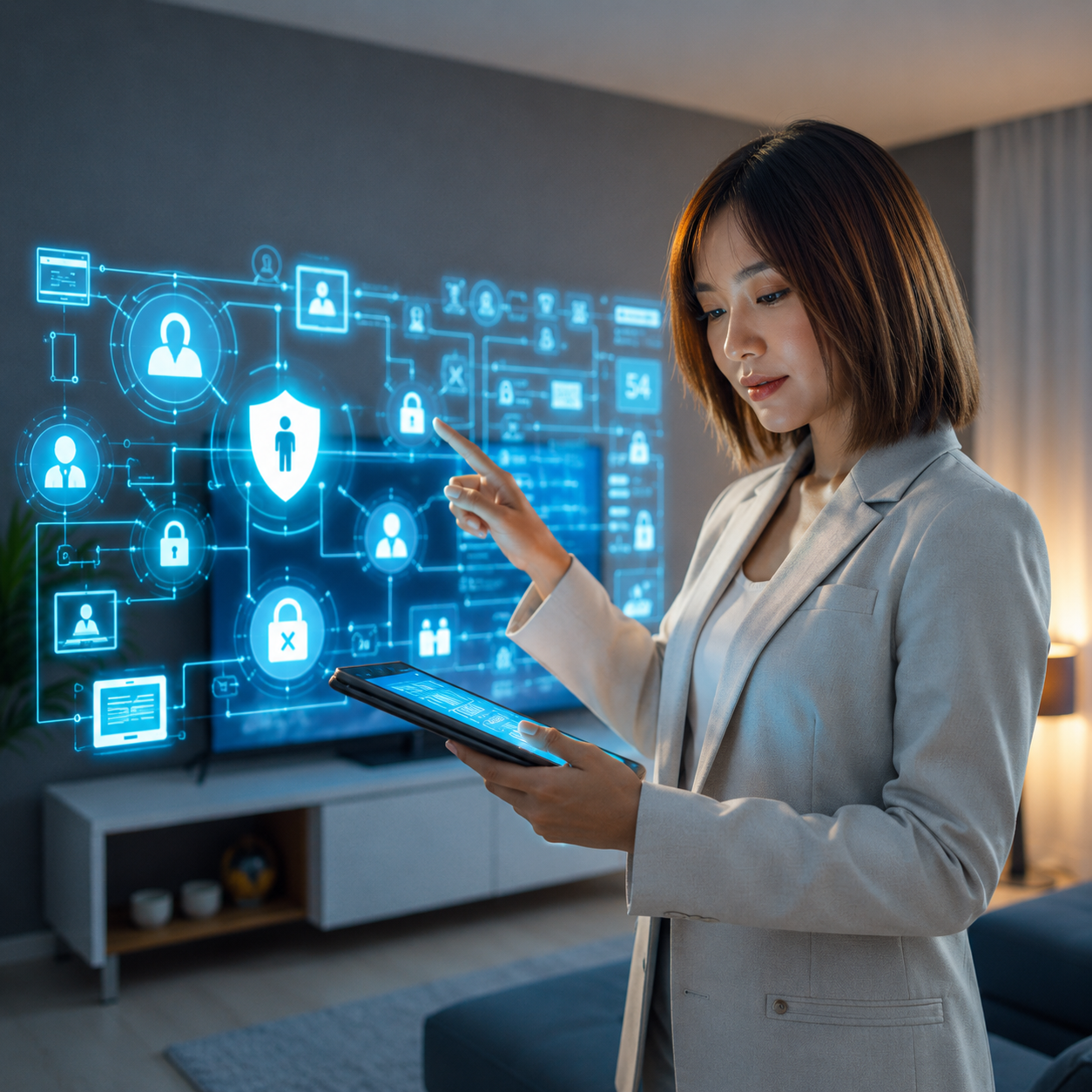 Woman in a blazer interacting with digital cybersecurity interface holograms while holding a tablet.