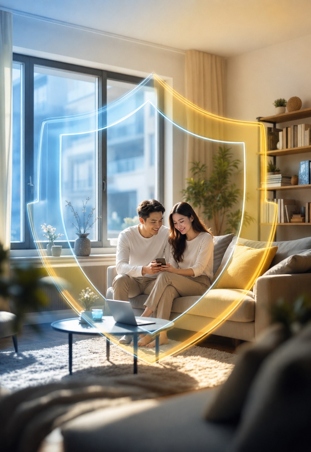 Young couple sitting on couch looking at phone inside glowing digital shield symbolizing protection.