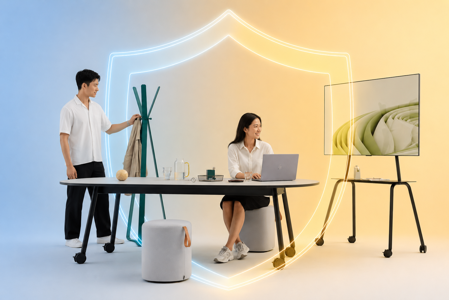 Man hanging a jacket next to a seated woman working on a laptop at a desk with a TV on a stand.