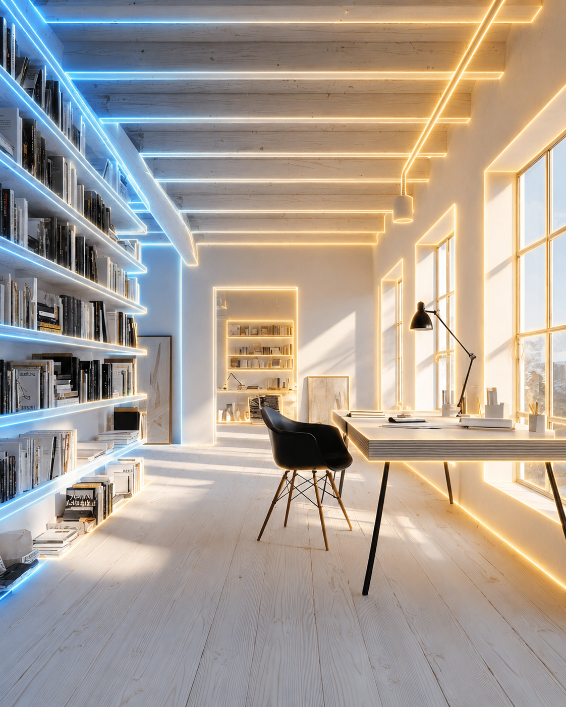 Modern study with wooden floors, black chair, desk, and bookshelves highlighted by blue and yellow LED lights.