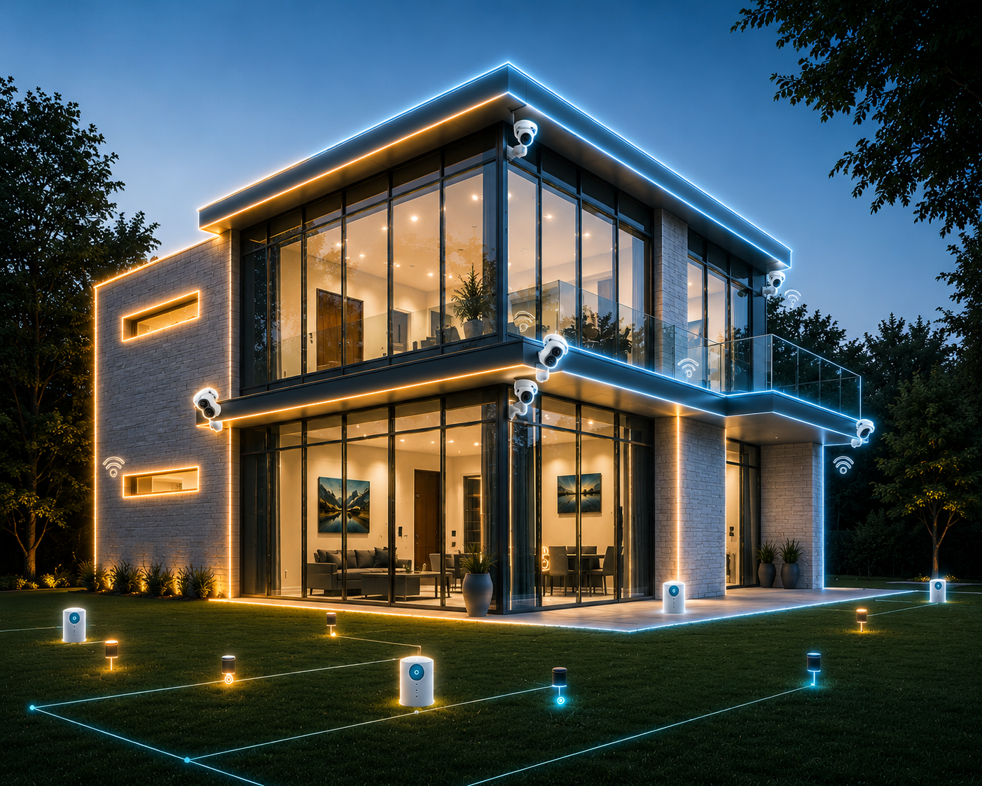 Modern two-story house with smart security cameras and outdoor sensors connected by illuminated lines.