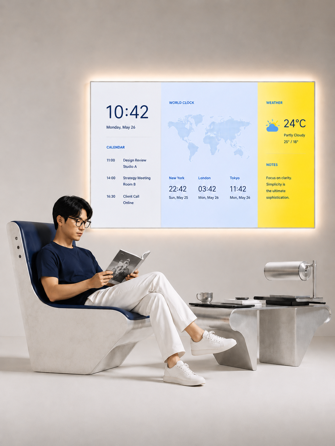 Man in glasses sitting on modern chair reading a book with a digital calendar and weather board on wall.