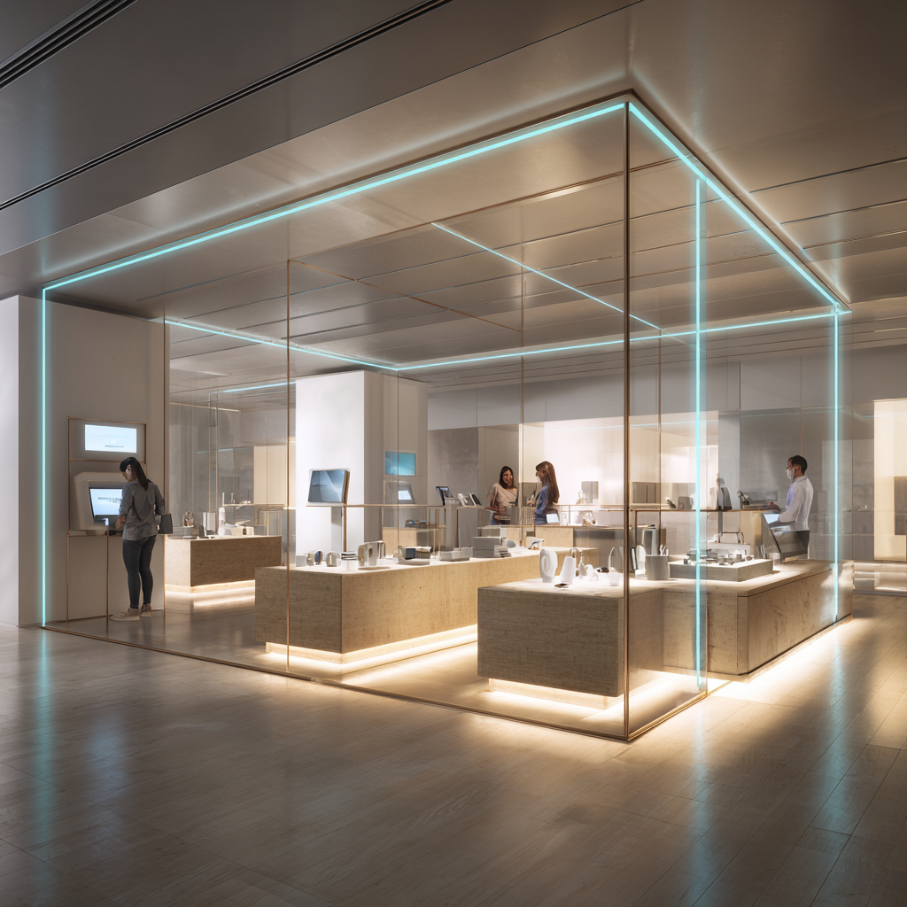 Modern store with glass walls, illuminated counters displaying tech gadgets, and customers browsing.
