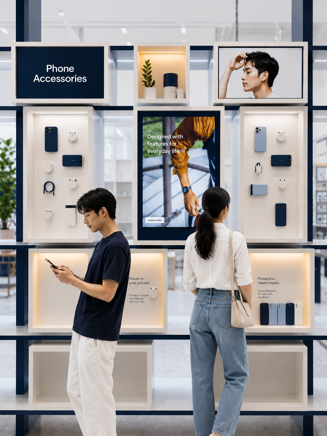 Man and woman browsing phone accessories display with cases, chargers, and promotional images in store.