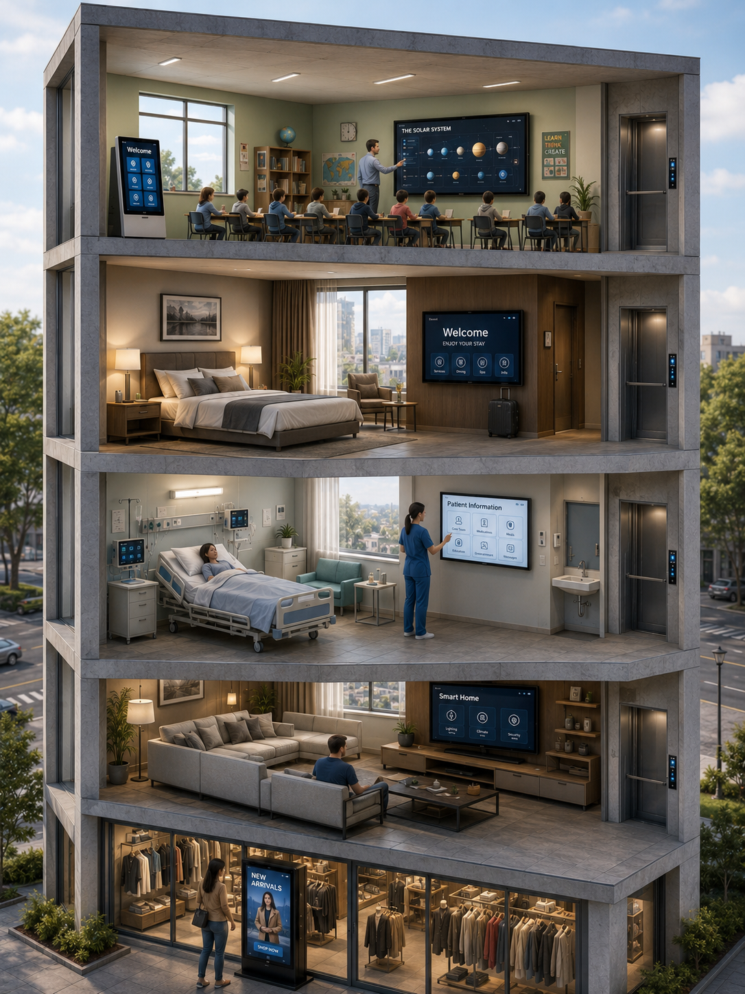 Sectioned building showing digital screens in a classroom, hotel room, hospital, living room, and retail store.