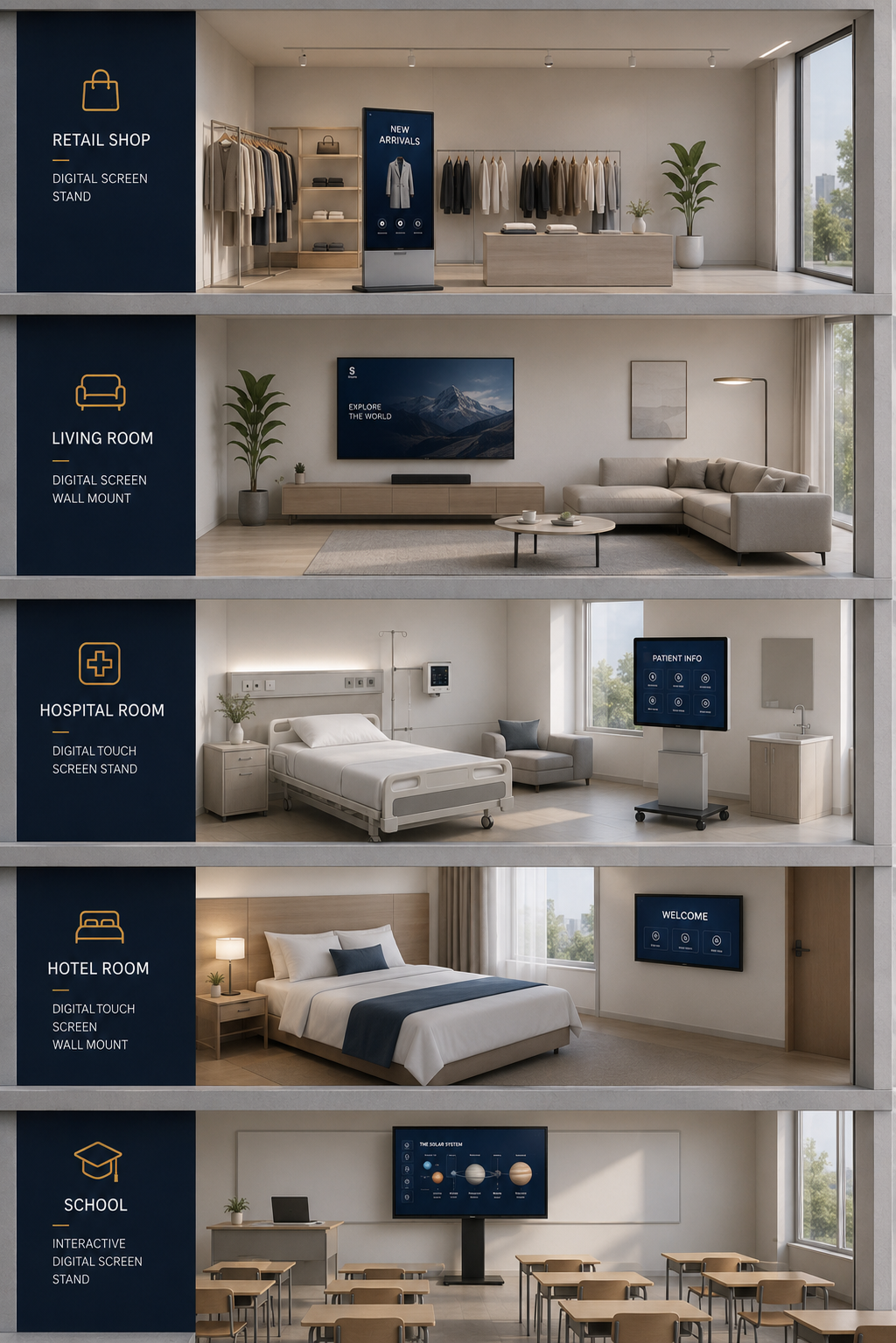 Five interior settings with digital screens: retail, living room, hospital, hotel, and school classroom.