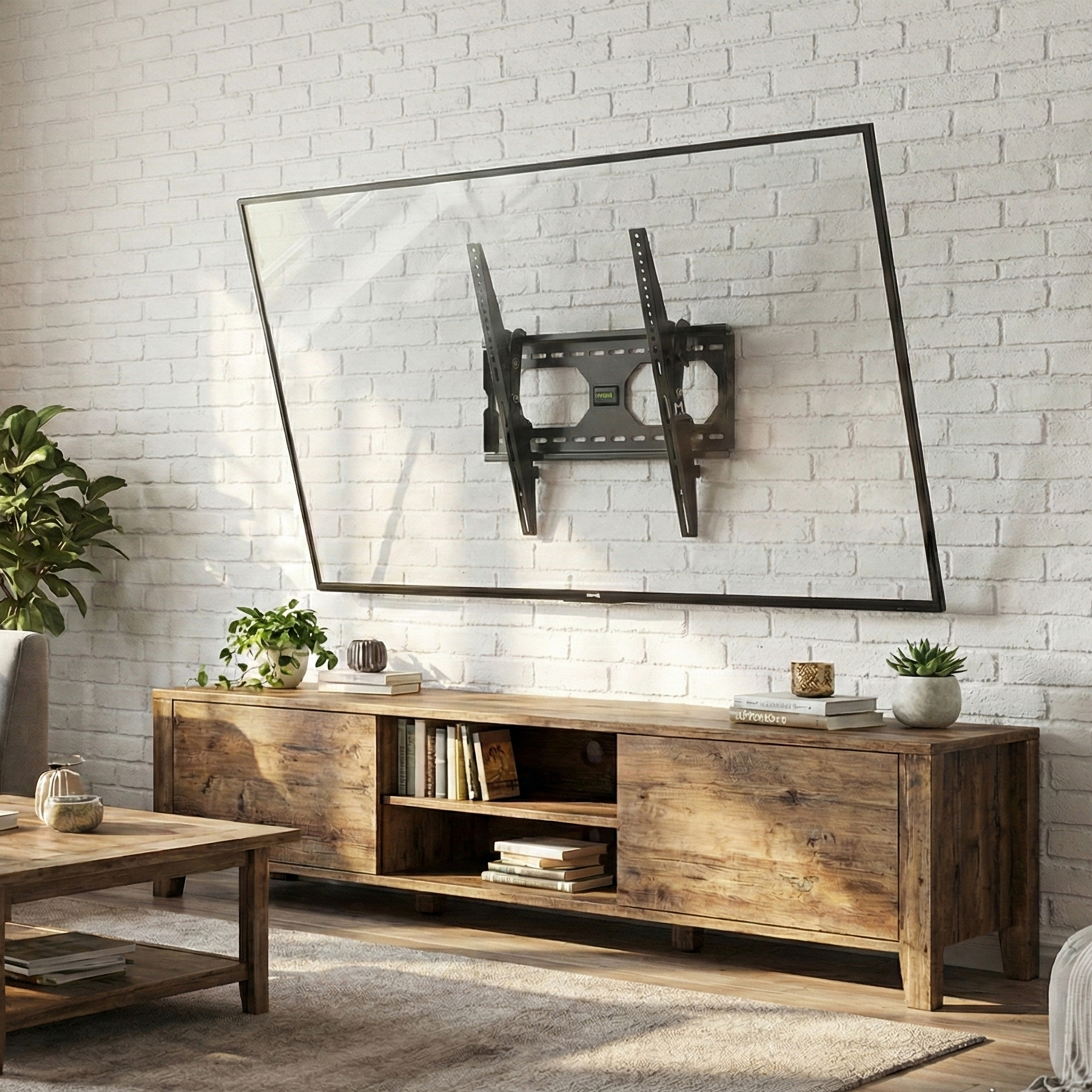 Wooden TV stand below wall-mounted tilted flat-screen TV and white brick wall in a lit living room.