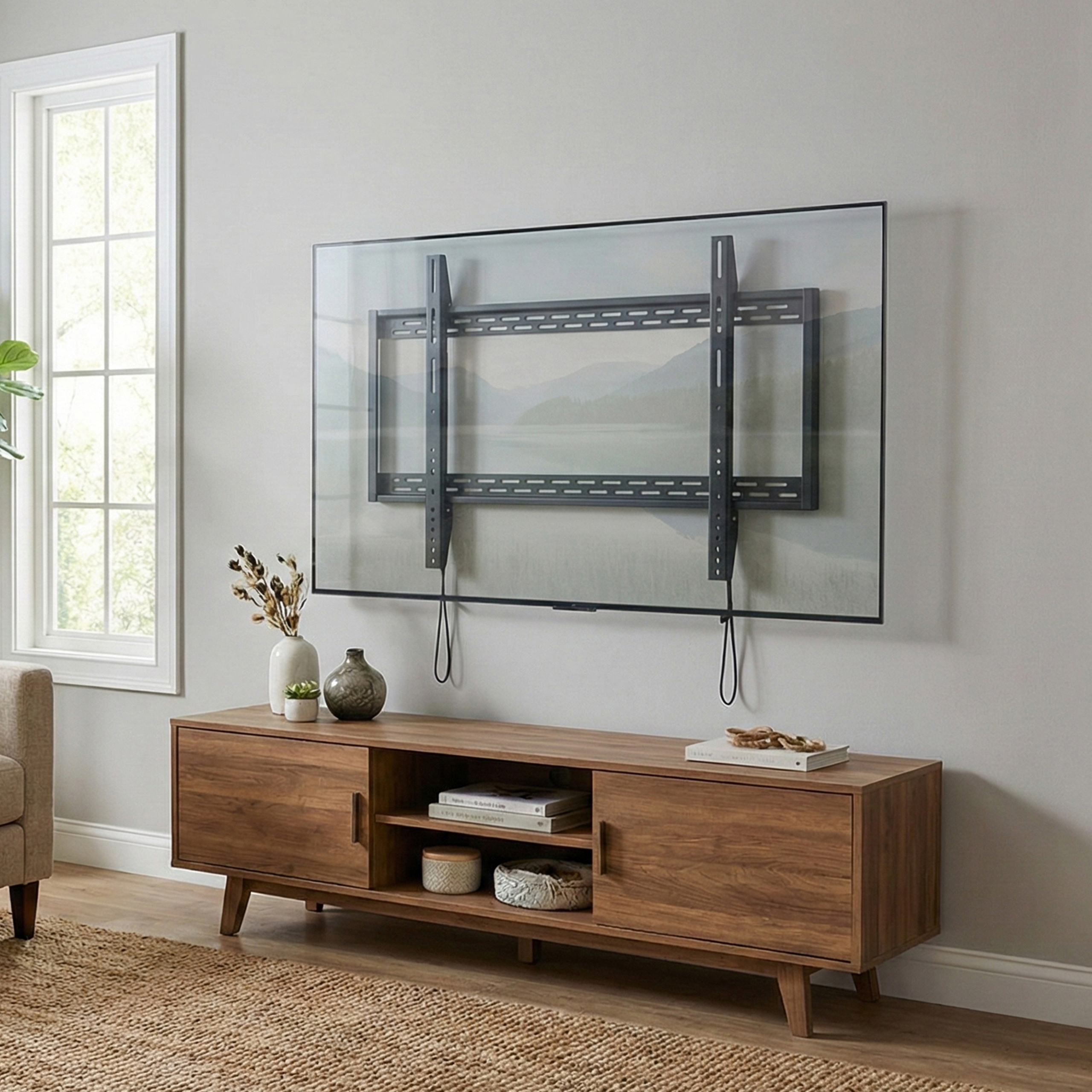Modern wooden TV stand below wall-mounted flat screen TV with landscape reflection.