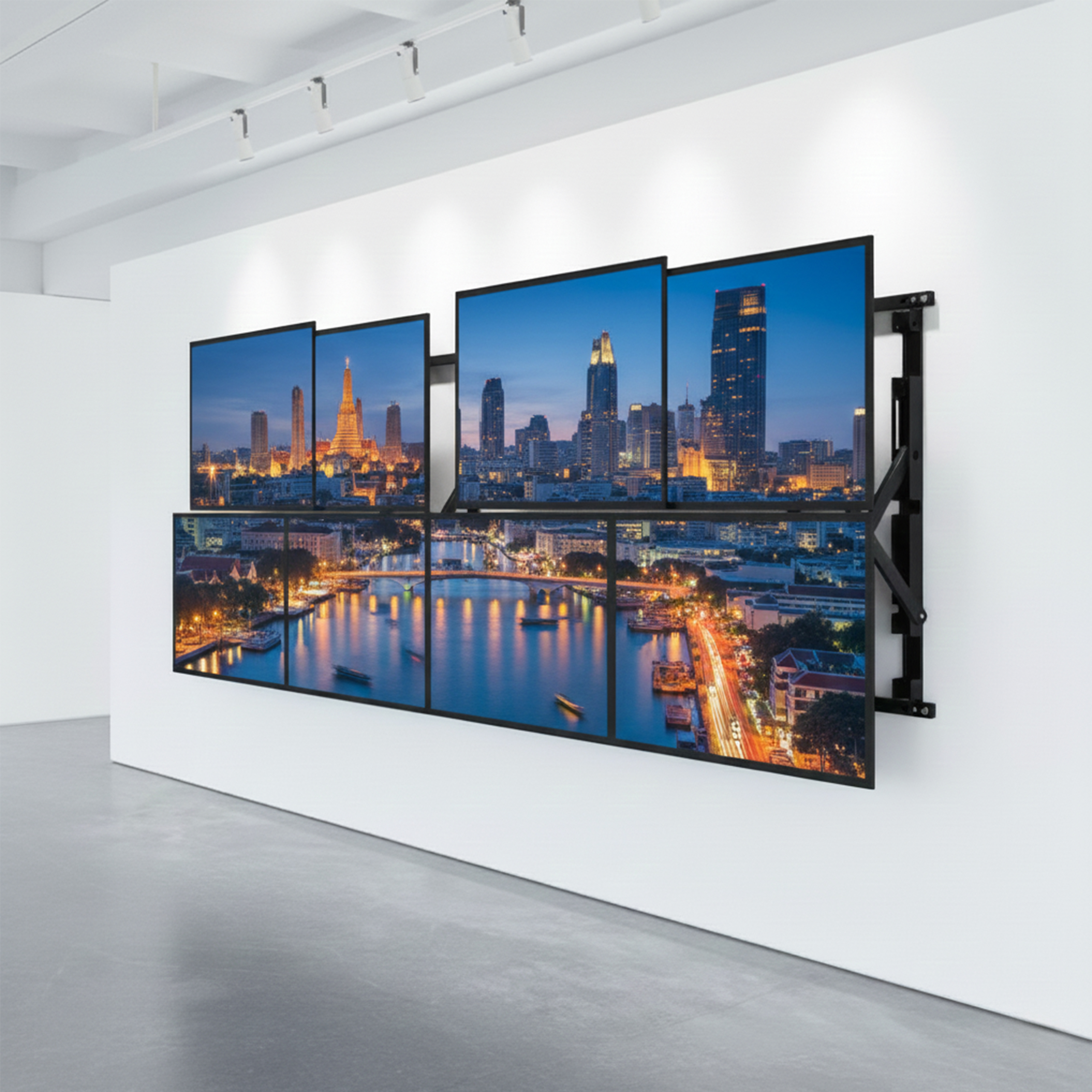 Multi-screen wall display showing a city skyline and river at dusk with illuminated buildings and traffic.