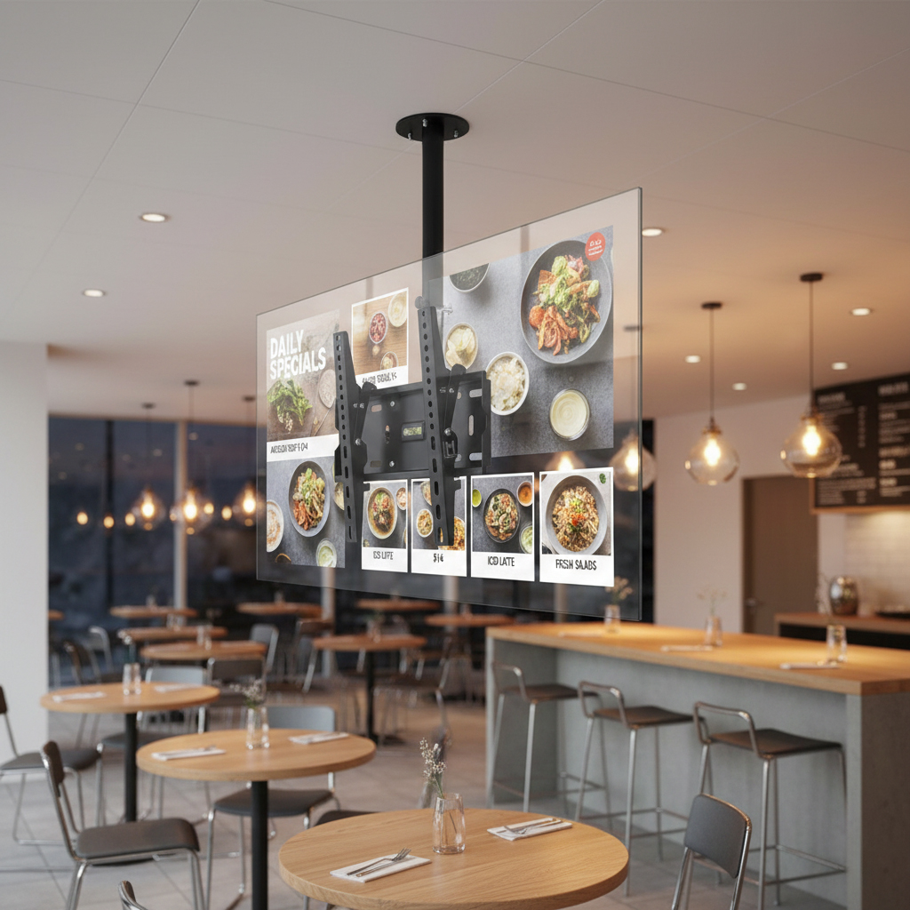 Transparent digital menu display with daily specials hanging in a modern restaurant interior.