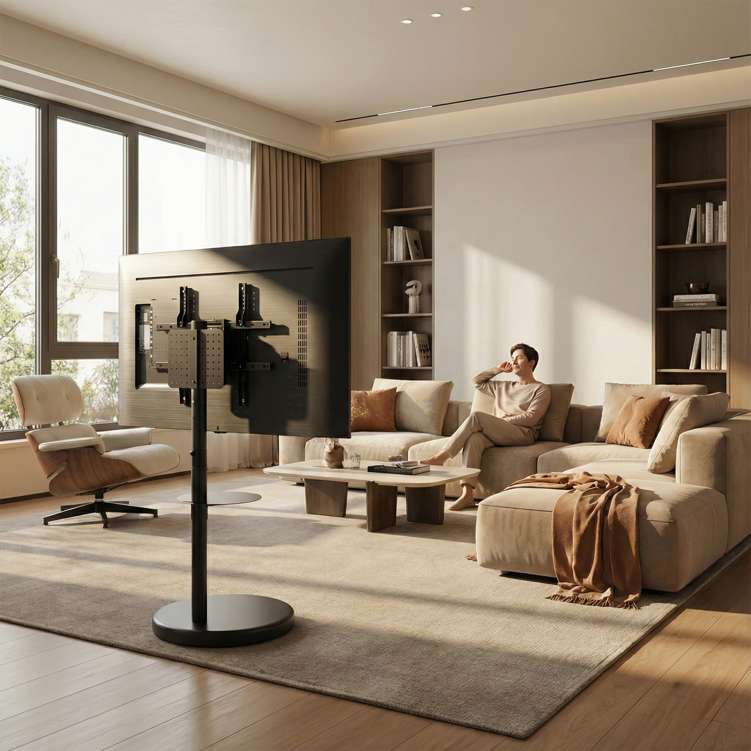 Man sitting on beige sofa in bright living room with large windows and TV on stand.