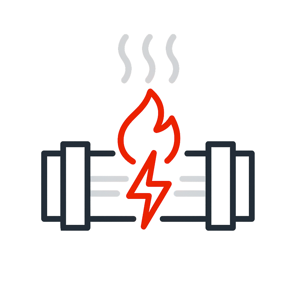 Symbol einer Begleitheizung mit einer roten Flamme und einem Blitz zwischen zwei Heizrohren, aus denen Dampf aufsteigt.