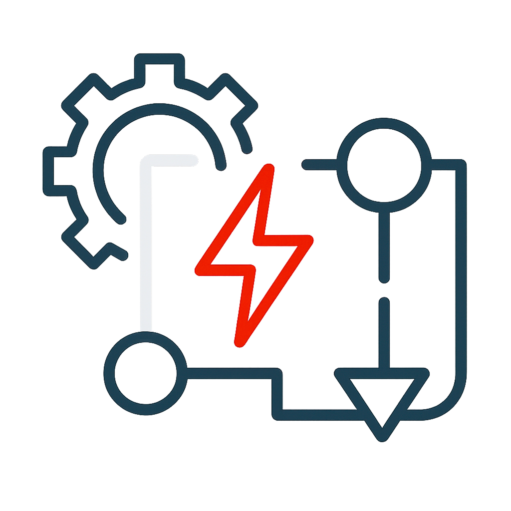 Symbol für Elektrotechnik mit Zahnradsymbol, Stromkreis und rotem Blitz in der Mitte.