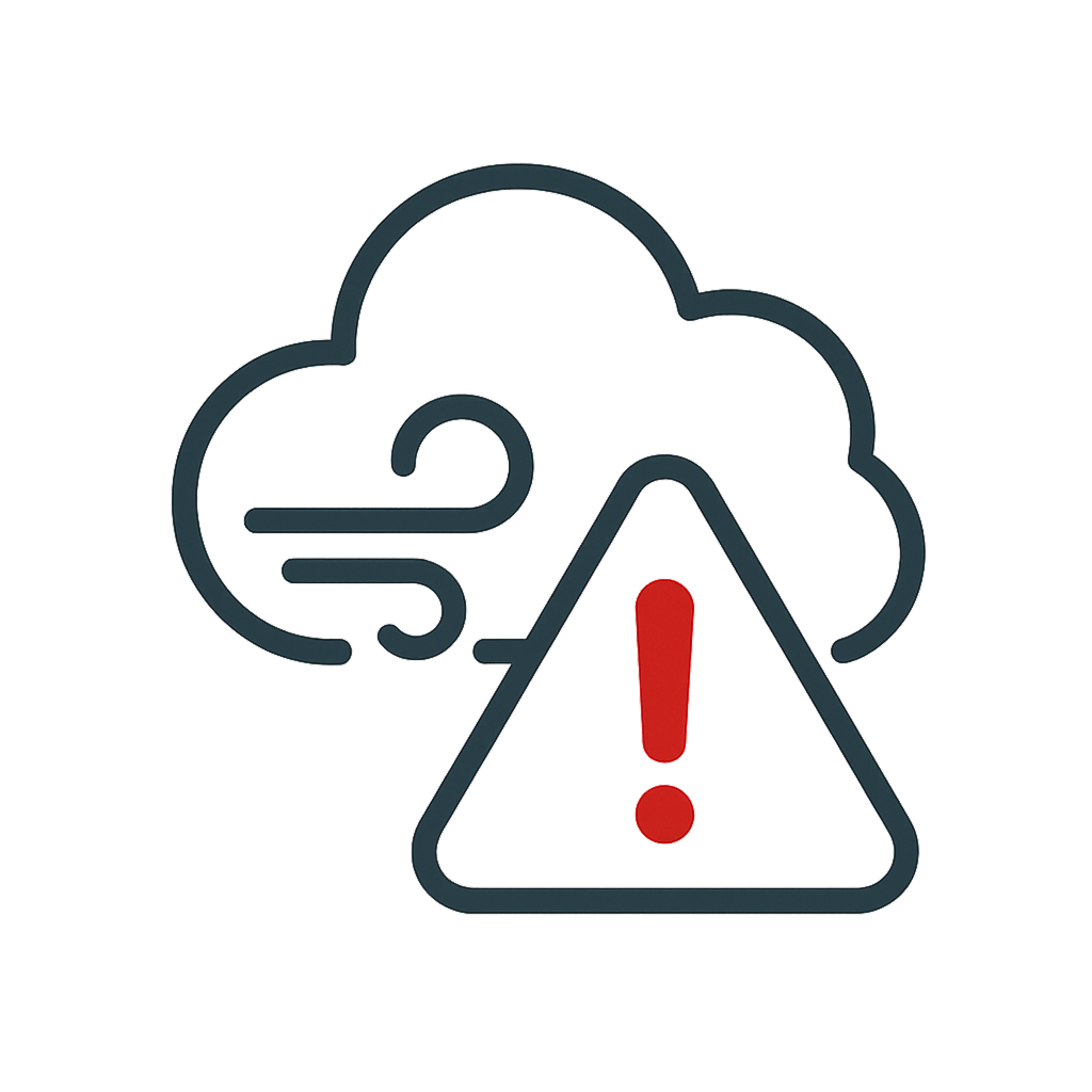 Windwolke mit einem Dreieck-Warnsymbol und einem roten Ausrufezeichen.