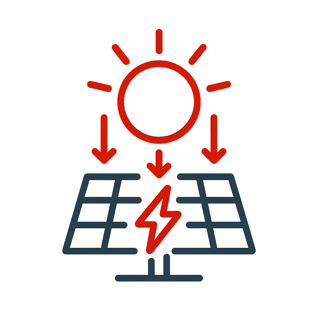Symbol einer Sonne mit drei Pfeilen, die auf zwei Solarpanels und ein Blitzsymbol in der Mitte zeigen, was die Umwandlung von Sonnenenergie in elektrischen Strom darstellt.