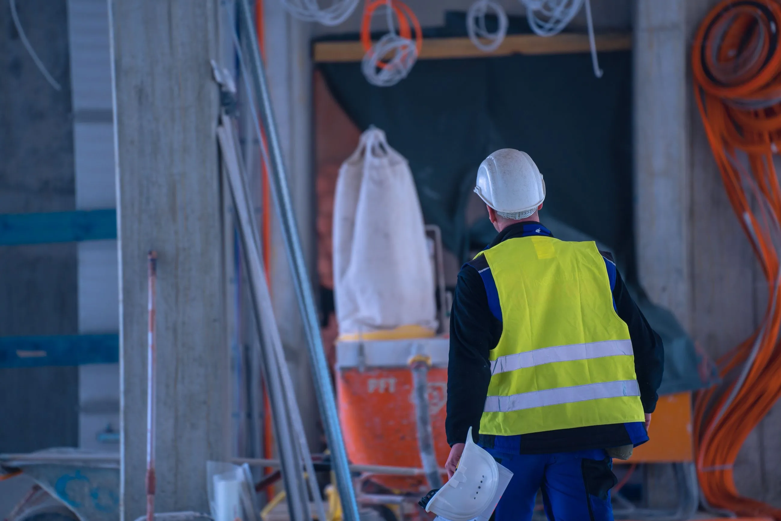 Projektleiter in Berlin mit gelber Warnweste und Helm, der eine Baustelle betritt und einen weiteren Helm in der Hand hält.