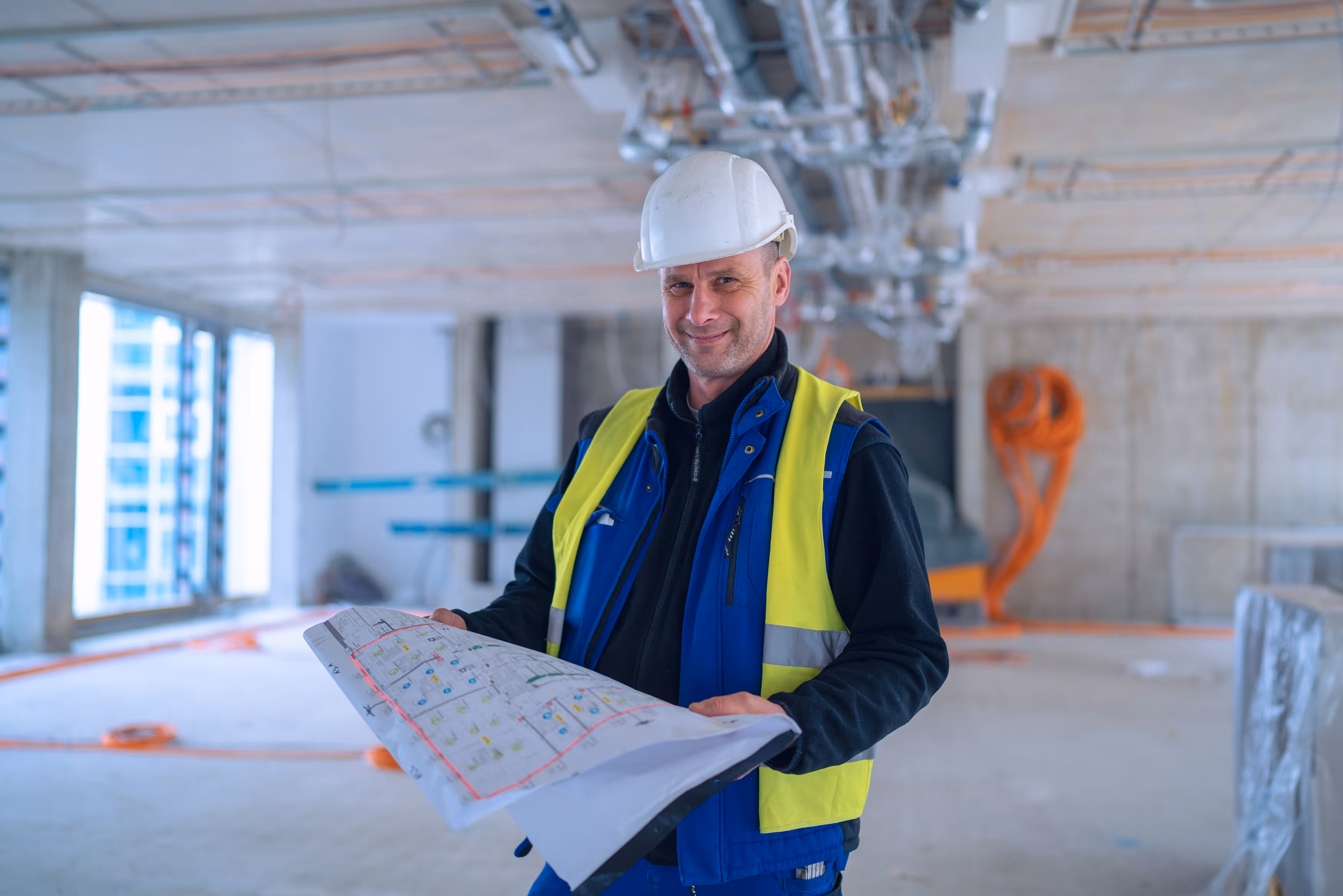 Monteur aus Berlin mit weißem Helm und Sicherheitsweste hält Baupläne in einer Baustelle.