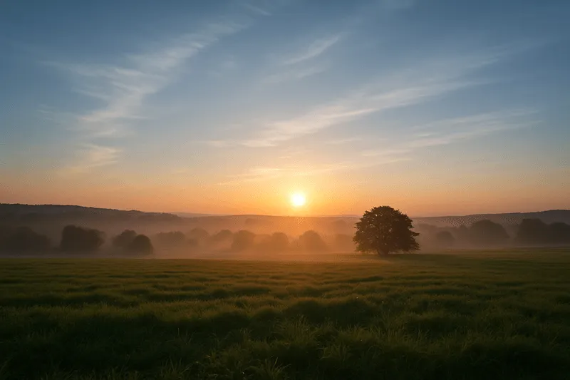 Sonnenaufgang über nebligen grünen Feldern mit einem einzelnen Baum rechts im Bild.