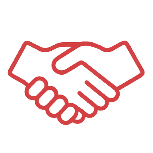 Rotes Symbol zweier Hände, die sich zum Händedruck treffen.
