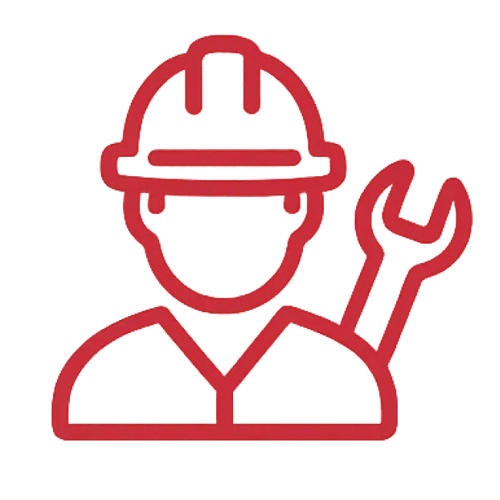 Rote Umrisszeichnung eines Ingenieurs mit Schutzhelm und Schraubenschlüssel.