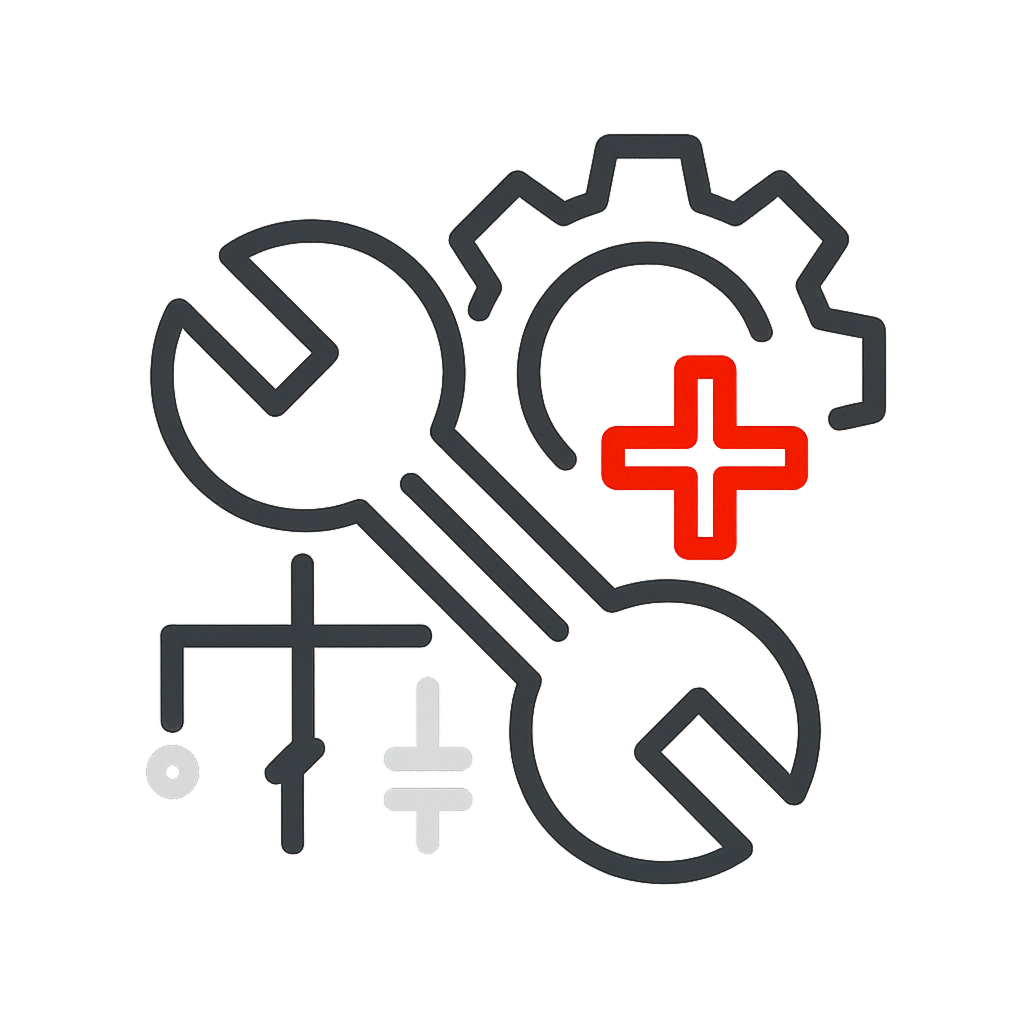 Symbol mit Schraubenschlüssel, Zahnrad und rotem Pluszeichen, das Reparatur- oder Wartungsdienste darstellt.