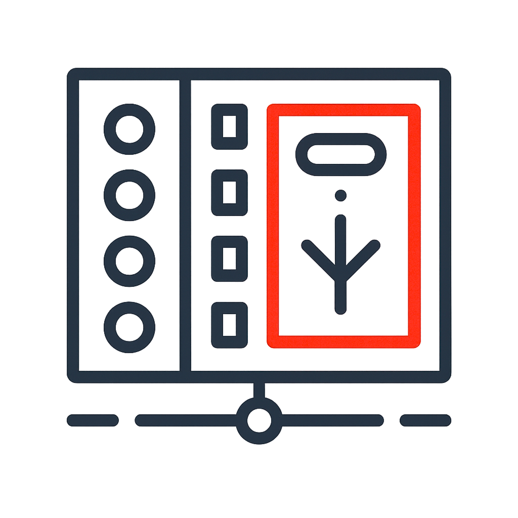 Symbol eines Schaltschrankes mit Kreisen, Quadraten und einem roten markierten Bereich mit Schaltplandiagramm.